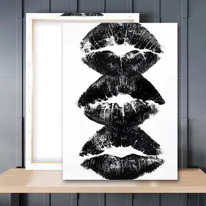 1pc Wooden Framed, Black Kiss Lips Print Trendy Wall Art Canvas Painting, Dorm Room Wall Decor, Black And White Art Cool Print Funky Home Decor, Retro Wall Art Poster, Bedroom Decor, Home Decoration