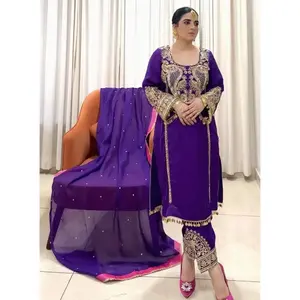 FANCY GEORGETTE EMBROIDERY SEQUENCE WORK WITH FANCY LACE BORDER WORK TOP BOTTOM WITH DUPATTA PUPRLE