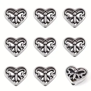 80/100pcs Of Retro Silvery Hollow Butterfly Heart-shaped Pattern Spacer Beads, 10x12mm, Suitable For DIY Jewelry Making, Bracelets, Necklaces, Earrings, Keychain Accessories, Ideal For Daily Wear Or Gatherings, Ideal Gifts For Friends And Family
