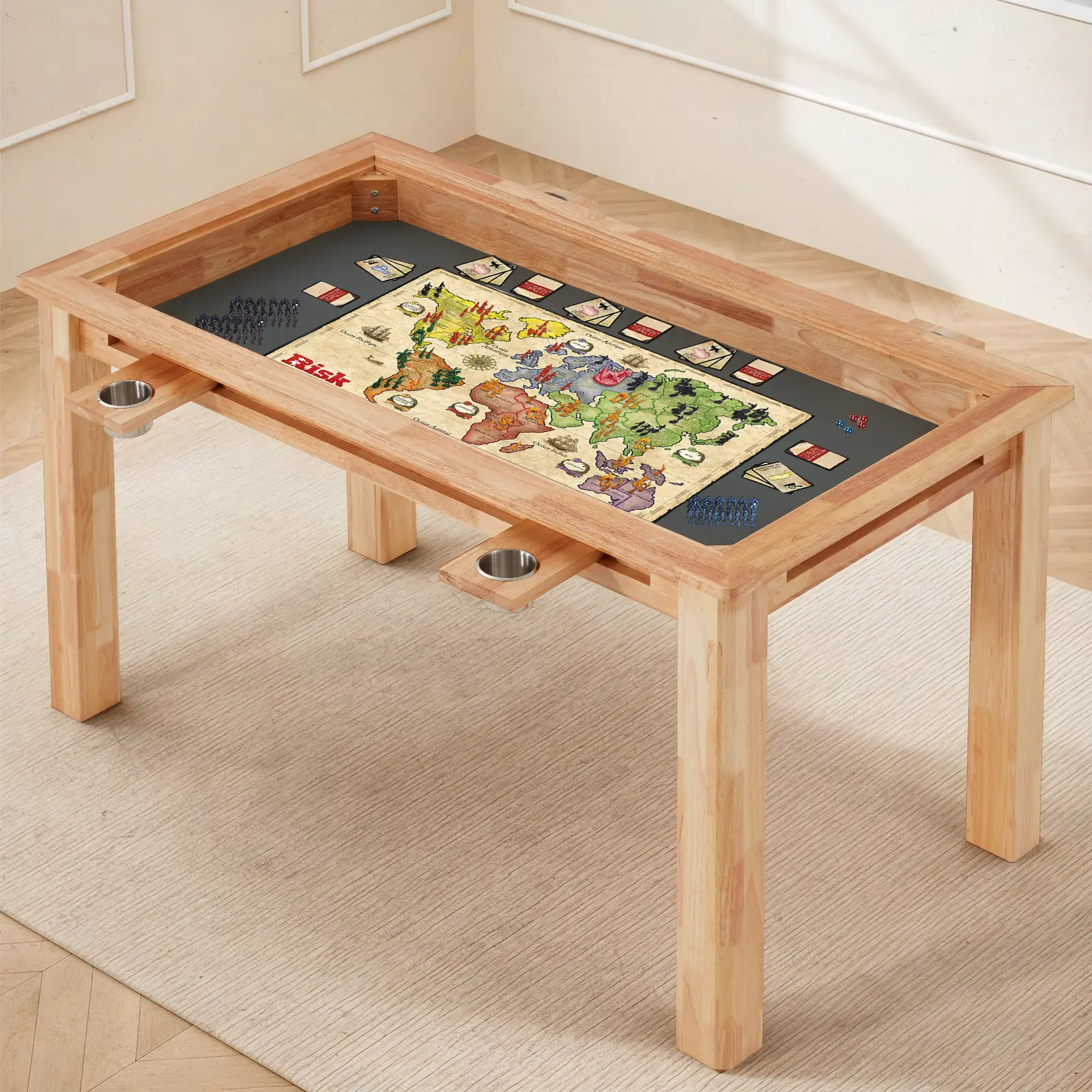 Bezliving Oak Board Game Table with Removable Table Top, 52" x 29" Play Area, PU Leather Playmat & 4 Cup Holders, Seats 4-6 Players, Dual-Purpose for Gaming & Dining