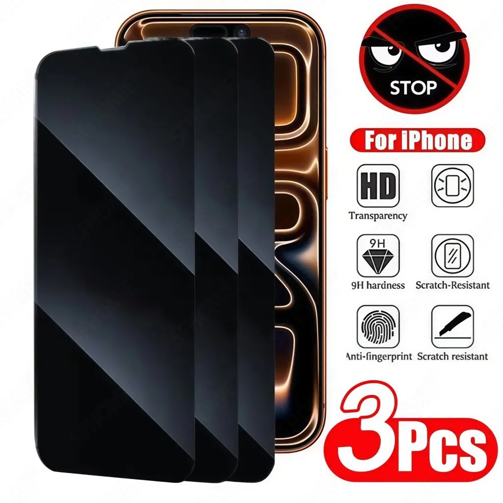 3pcs Anti-Spy Privacy Screen Protector, Tempered Glass Film for iPhone 17 Air/17/16/15/14/13/12/11/Pro Max/Pro/Plus/Mini/X/XS/XR/7/8/SE, Full Coverage, 9H Hardness, Anti-Drop, Shockproof, Anti-Scratch, Anti-Fingerprint, Compatible with dynamic islands