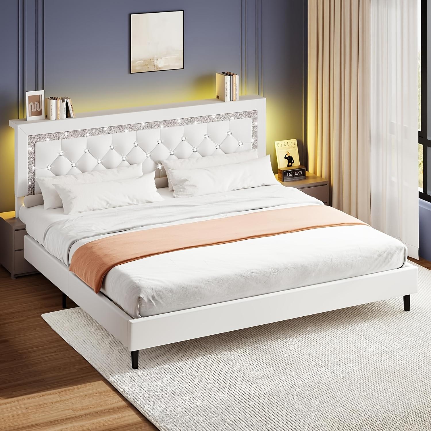 [SummerWins] HOMBCK Twin Full Queen King Size Bed Frame with Storage Headboard | Diamond Tufted, LED Lights, Wooden Slats Support, Noise Free, No Box Spring Needed, Easy Assembly, Black, Powered summer garden#home essentials#back to school