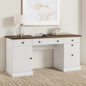 GAOMON Fluted Home Office Desk Storage, 60 in Modern Executive Desk with Charging Station, Wooden Computer Writing Desk with File Cabinet & Drawers for Study, Living Room, Bedroom-Brown&Whte