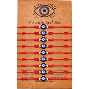 9pcs Evil Eye 7 Knot Lucky Bracelets, Rakhi for Brother and Bhabhi Adjustable Red String Amulet for Women Men with Gold Bead, Protection Jewelry Hand Bracelet