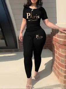 Two-Piece Set Women's Letter Print Round Neck Tee & Skinny Pants Set, Casual Short Sleeve T-shirt & Elastic Waist Leggings, Ladies Clothes for All Seasons, Womenswear, Loungewear