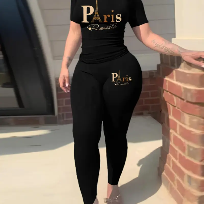 Two-Piece Set Soft Lounge Women's Letter Print Round Neck Tee & Skinny Pants Set, Casual Fitted Short Sleeve T-shirt & Elastic Waist Leggings, Ladies Clothes for All Seasons, Womenswear, Loungewear, Two Pieces Sets, Clothing Sets