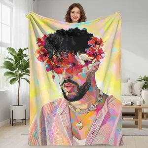 pop singer Colorful Portrait Flannel Blanket Tropical Hibiscus and Rabbit Art Print Soft Cozy Lightweight Warm for Bedroom Living Room Sofa Gift Decor