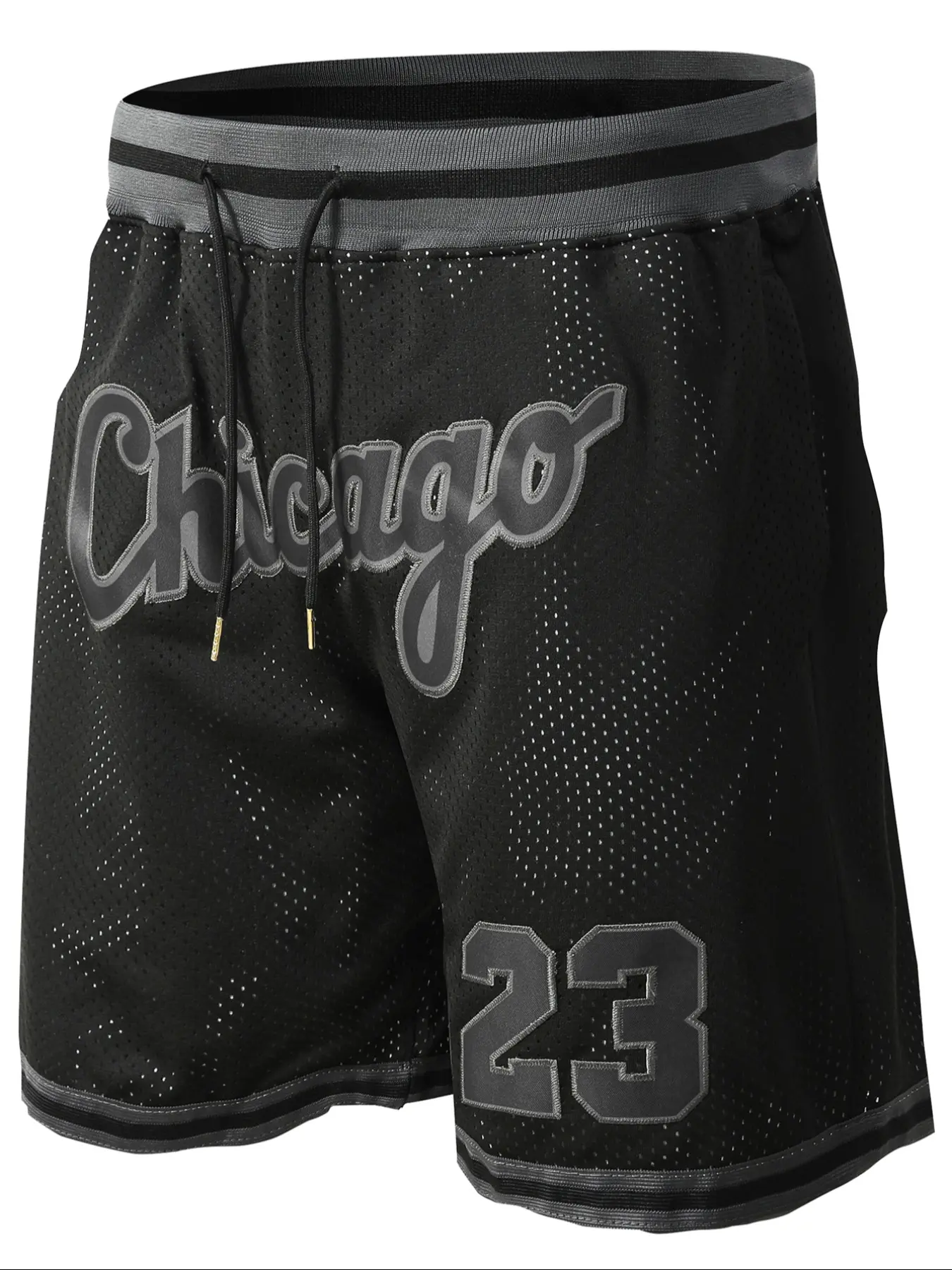 Men's 23 Black Vintage Embroidered Zipper Basketball Shorts, Activewear Shorts, Workout Shorts, Athletic Fitness Shorts, Casual Fitted Fitness Shorts for Spring & Fall, Moderate Fabric Thickness