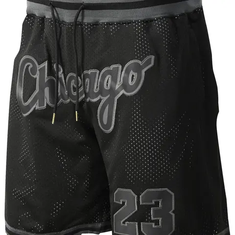 Men's 23 Black Vintage Embroidered Zipper Basketball Shorts, Activewear Shorts, Workout Shorts, Sporty Shorts, Casual Fitted Athletic Fitness Shorts for Spring & Fall, Moderate Fabric Thickness
