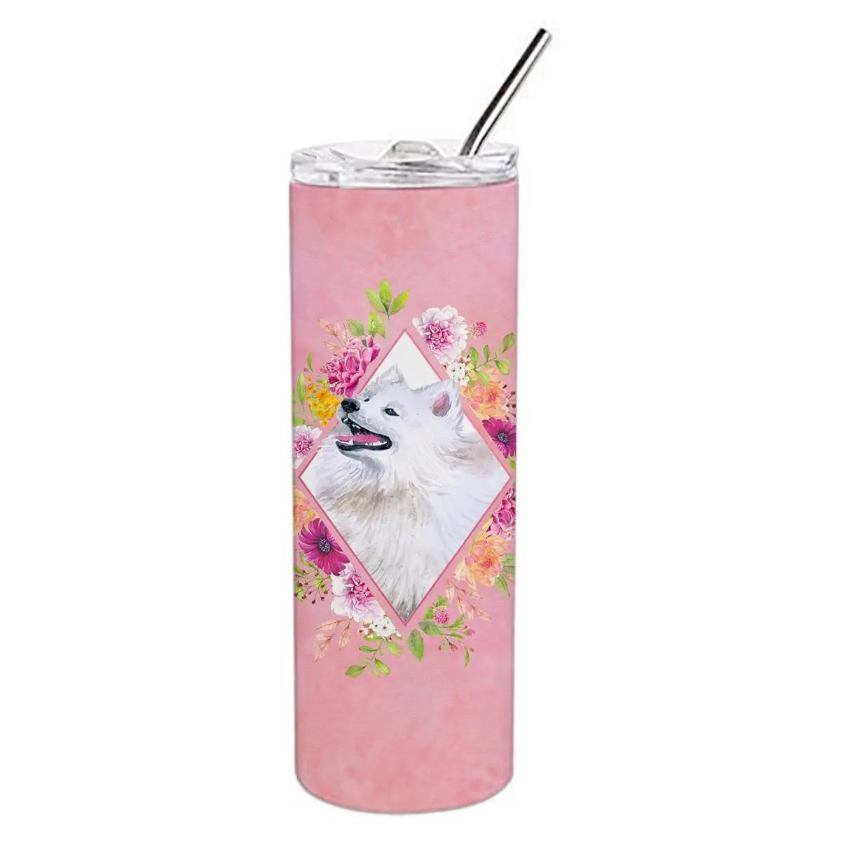 Carolines Treasures CK4177TBL20 20 oz Samoyed Pink Flowers Double Walled Stainless Steel Skinny Tumbler