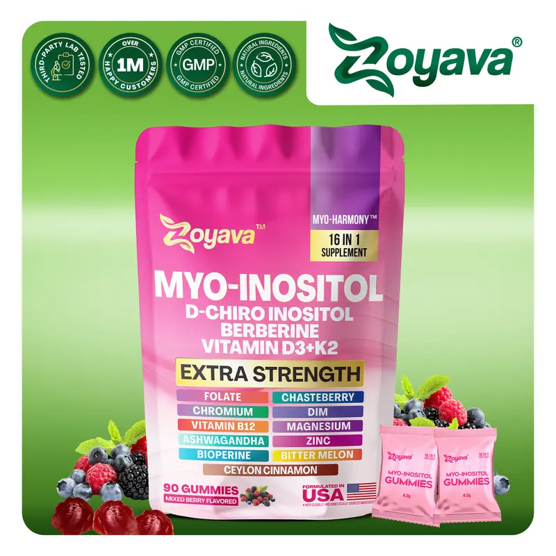 Zoyava Myo-Inositol Gummies -  Women's Hormones & Cycle Support Dietary Supplement - with D-Chiro Inositol, Berberine & More - 90 Edible Gummies - (Mixed Berry Flavored)