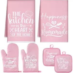 6 Pcs Kitchen Decor Accessories Set Farmhouse Towels Pot Holders Oven Mitts Set 2 Dish Towels 2 Potholders 2 Cooking Mittens Oven Glove for Christmas Baking Cooking Supply Pink Kitchen Bakeware
