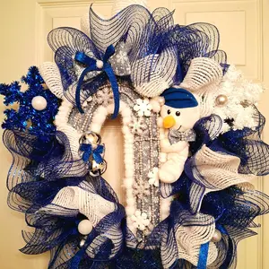 Winter Blue and White Snowman Holiday Wreath with Snowflake Accents and Blue Bow for Festive Door Decor