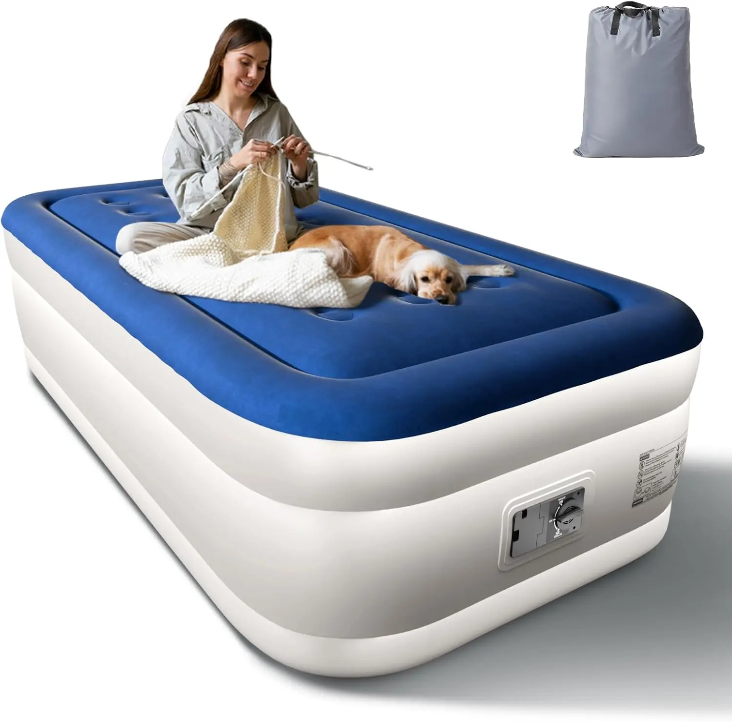 VINGLI 18" Raised Inflatable Bed (Twin/Queen) with Built-in Pump, Soft Flocked Top, Leakproof Design, Carry Bag – Portable Airbed, Inflatable Travel Bed for Camping, Indoor/Outdoor Use (U.S. Standard), 110V Ac Pump