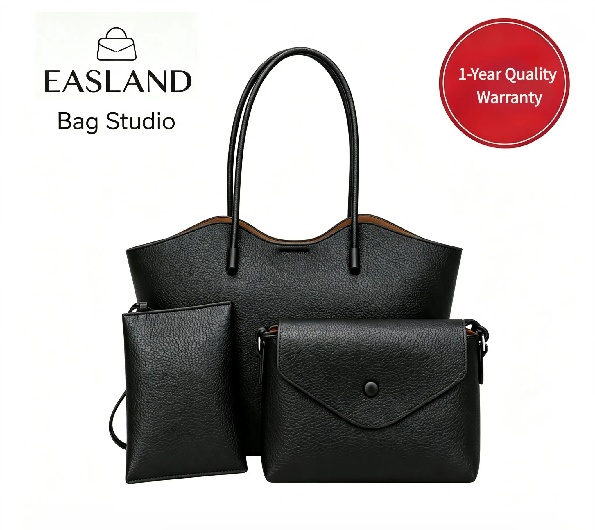 Women 3 in 1 Large Capacity Litchi Grain Tote Bag Set, Vintage PU Leather Shoulder Handbag with Detachable Crossbody Pouch & Small Coin Purse, Work Travel Everyday Top Handle Satchel Bag