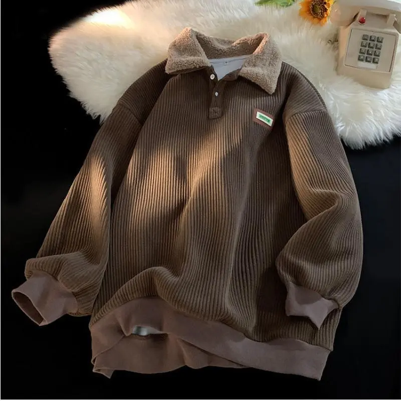 Unisex Corduroy Polo Tops, Fleece-Lined Loose Fit Pullover Sweatshirt with a Vintage Checkered Collar, Plain, Stylish, Long Sleeve, M, Halloween, Thanksgiving, Button, Holiday, Menswear, Longsleeves, Casual, Vintage Clothing, Easter