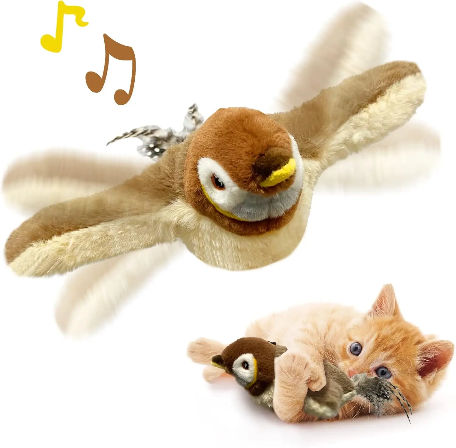 Interactive Plush Cat Toy - Flapping-Wings Sparrow, Touch-Activated Chirping, Non-Flying, Rechargeable Catnip Toy for Kittens, Interactive Plush Toys