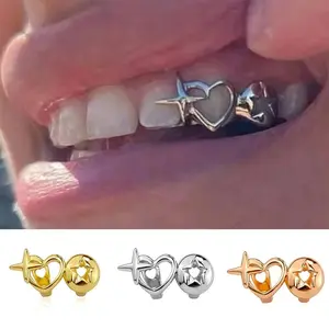 Punk Hip Hop Hollow Heart Teeth Caps for Women Men Vintage Silver Color Double Love Star Tooth Grills Couple Jewelry Accessories