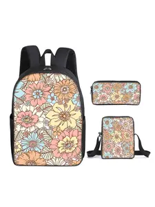 Flower pattern printed 16-inch backpack three-piece set (single-layer backpack + small satchel + single-layer pencil case)