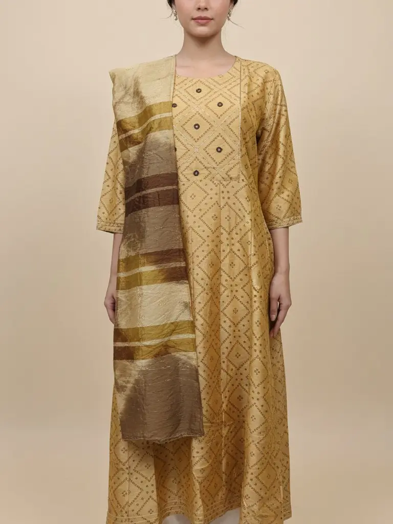Two-Piece Kurti & Shawl Set in Rich Gold and Brown Hues with Geometric Patterns for Elegant Wear 2PS-1 M/L/2XL Stylish Versatile