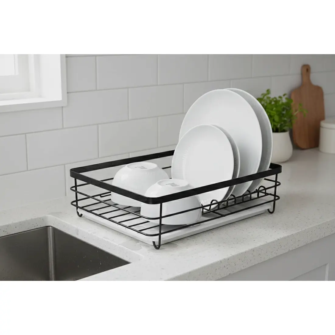 Kitchen Essentials Black Metal Dish Rack with White Tray for Efficient Dish Drying and Organization