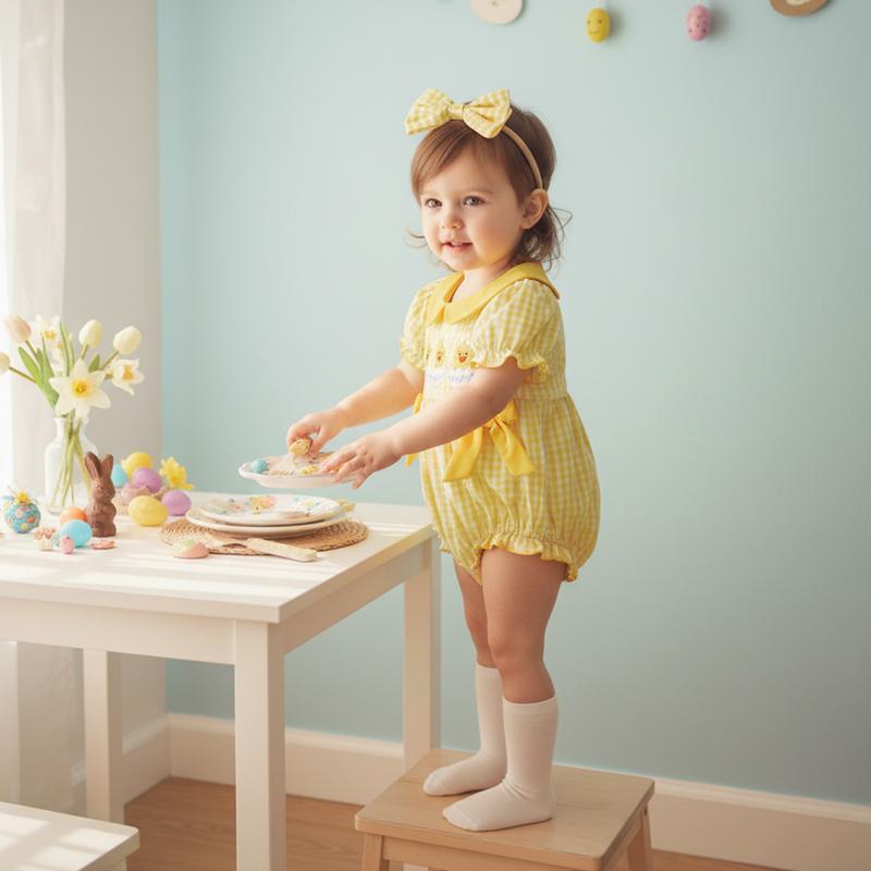 Baby Girl Easter Outfits Short Sleeve Chick Embroidery Romper with Headband Set Newborn Clothes