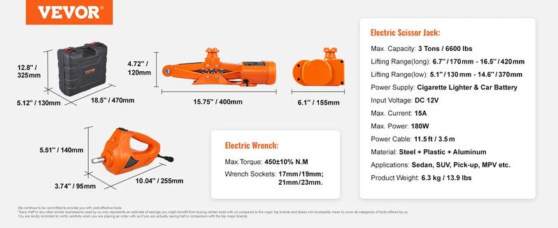 Product Introduction of VEVOR 12 in 1 Electric Car Jack Set, Max 5 Ton/11023 LBS Hydraulic Jack with Electric Impact Wrench, Built-in Inflatable Pump and LED Light, Portable Car Lift for SUV MPV Sedan Truck Change Tires Garage Repair 6
