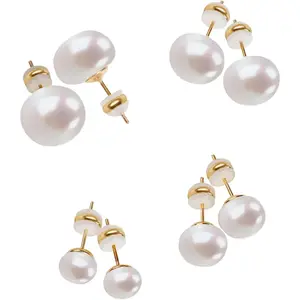 4 Pairs Pearl Stud Earrings 14K Plated Gold Sterling Silver Hypoallergenic Earring stud Flat Round Large size pearl 8mm-14mm Set Earrings for women