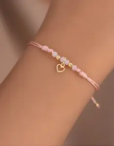 Adjustable Thread Bracelet with White Crystals and Heart Charm