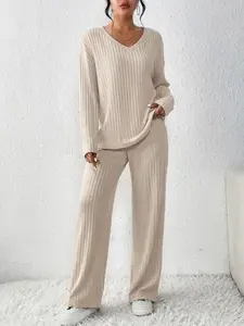 Autumn Winter Loose Ribbed Fleece Two-Piece Set, V-Neck Top and Straight Leg Pants, Casual Homewear, Solid Color, Fitted Style Loungewear, Pajama Set, Pjs, Nightwear, Womenswear