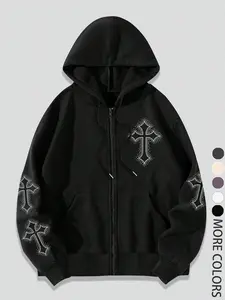 Men's Gothic Cross Print Hoodie with Zipper and Drawstring, Warm Fall & Winter Street Style Sweatshirt, Back-To-School Season Wear