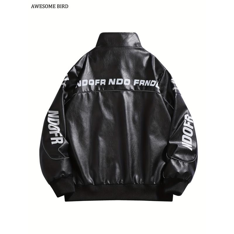 Men's PU Leather Racing Style Zip-up Jacket - Green and Black Color-block, Stand Collar and "HOOD FRENDS" Pattern Print, Casual Streetwear, Casual Clothing, Daily Jacket | Modern Casual Jacket | Smooth Leather Jacket