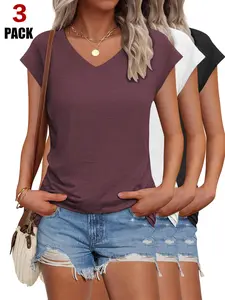Women's 3-Pack Solid-Color V-Neck Shortsleeve T-Shirts, 2026 Summer New Raglan Tops, Stretchy Fabric, Minimalist Fashion Casual Everyday Versatile Womenswear summervibes