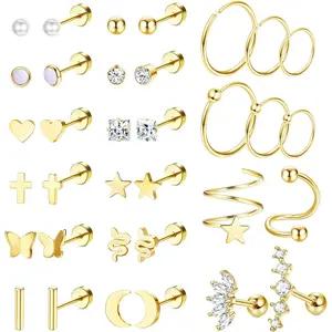 FIBO STEEL 34 Pcs Stainless Steel Stud Earrings Set for Women  20G Multipack Cartilage Earring Studs Hoops CZ Heart Star Flat Back Earrings Helix Piercing Jewelry