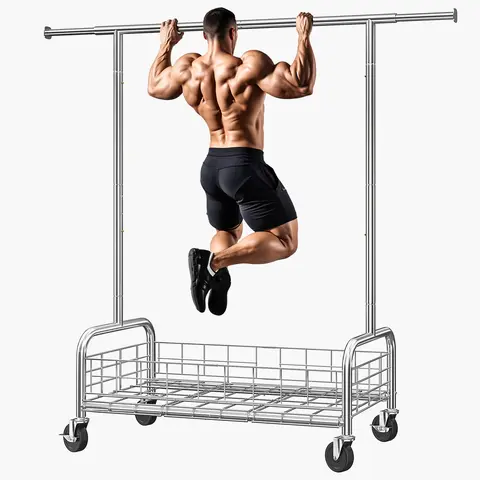 Raybee Clothes Rack Load 400 LBS, Rolling Heavy Duty Clothes Rack with Sturdy Wheels & Basket, Portable & Adjustable & Commercial Garment Rack, Chrome