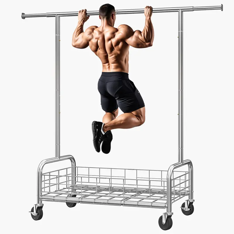 Raybee Clothes Rack Load 400 LBS, Rolling Heavy Duty Clothes Rack with Sturdy Wheels & Basket, Portable & Adjustable & Commercial Garment Rack, Chrome