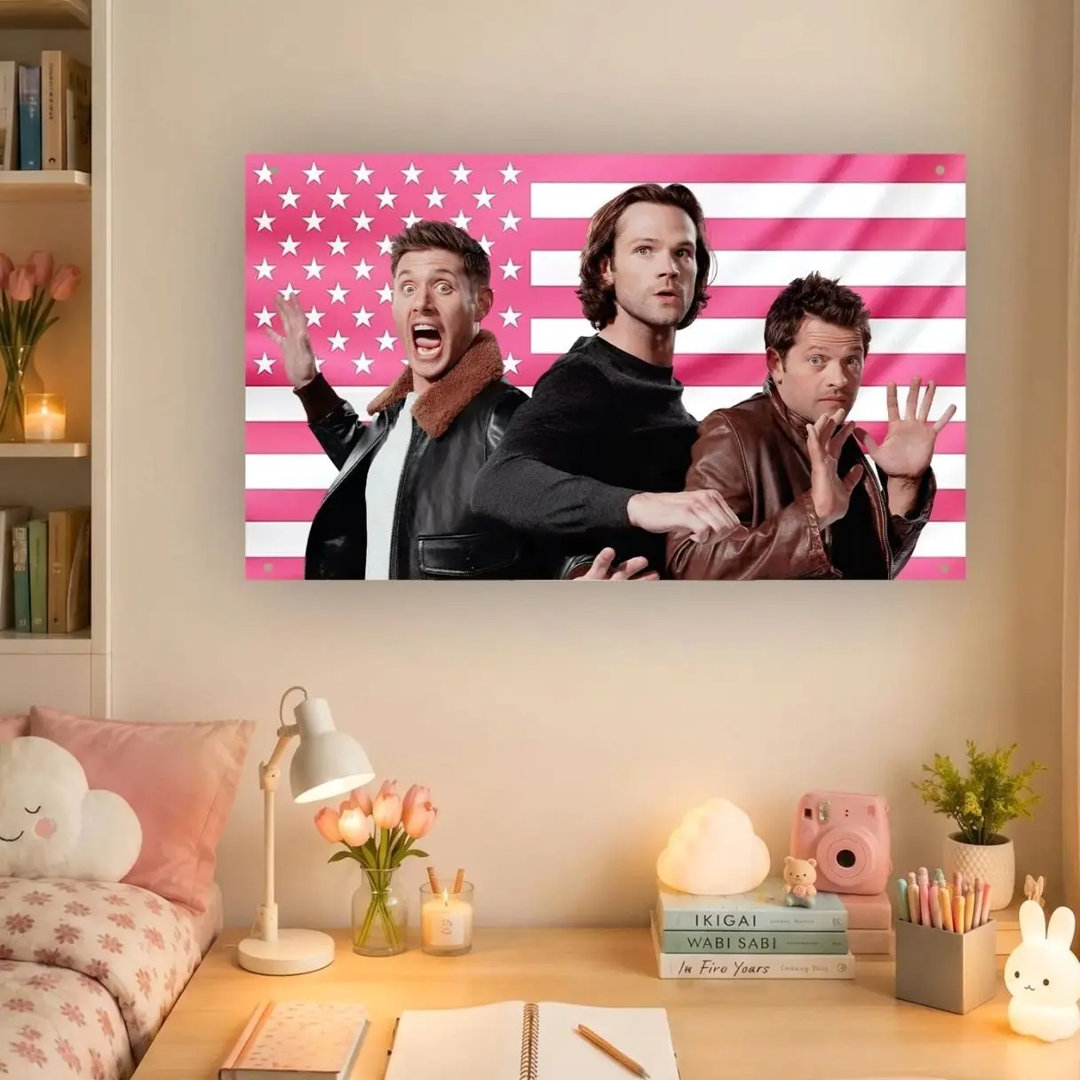 Supernatural Pink USA Flag – Sam Dean Castiel Wall Tapestry & Room Banner – Supernatural TV Show Fan Decor