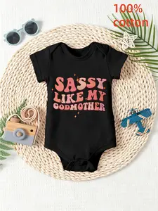 Sassy Like My Godmother Baby Bodysuit, Retro Gradient Bubble Letter Sparkle Print Short Sleeve 100% Cotton Newborn Infant Romper Onesie