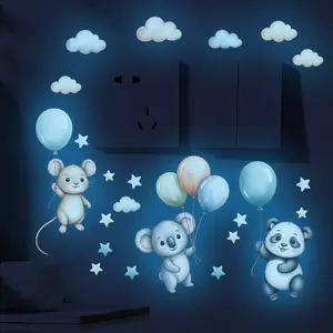 1 piece of animal luminous decorative wall sticker, Decorative Stickers. Decorations include koala, mouse, panda, balloon. Self-adhesive and removable, made of PVC material. Luminous decals for home atmosphere in multiple scenes such as bedroom