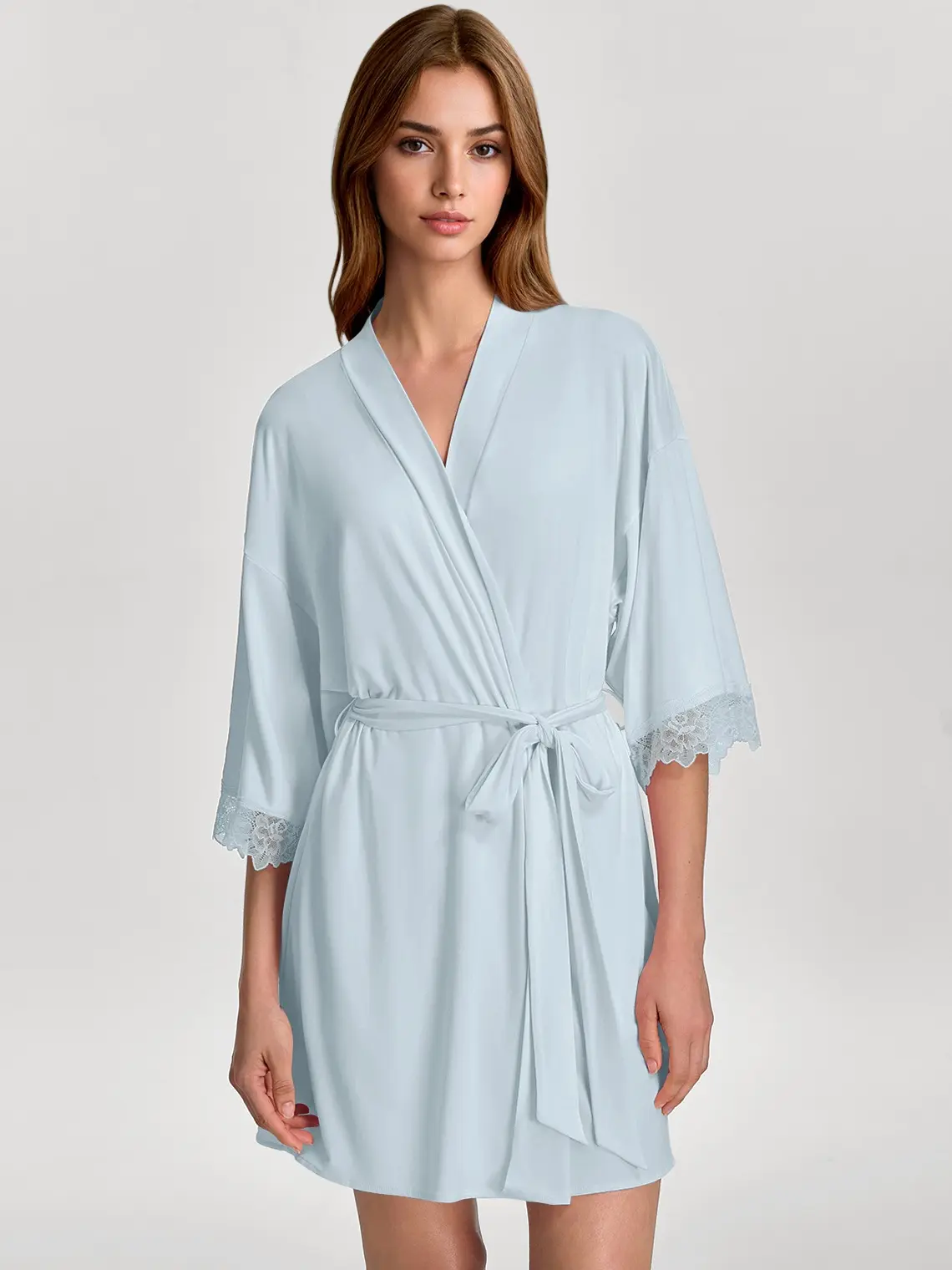 [New] Azazie Soft Rayon Lace Trim Bridal Robe, Scalloped Lace Wrap Front Tie Waist Elbow Sleeves, Bridal Getting Ready Wedding Morning Bridesmaid Gift, Rayon Knit sohochic