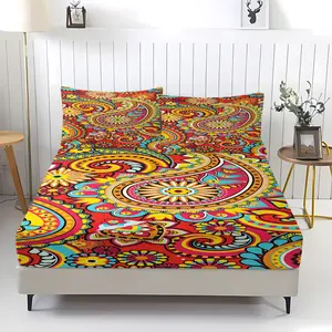 Bohemian style colorful cashew flower pattern printed Fitted sheet and pillowcase sets, exotic bedroom bedding, holiday birthday gift