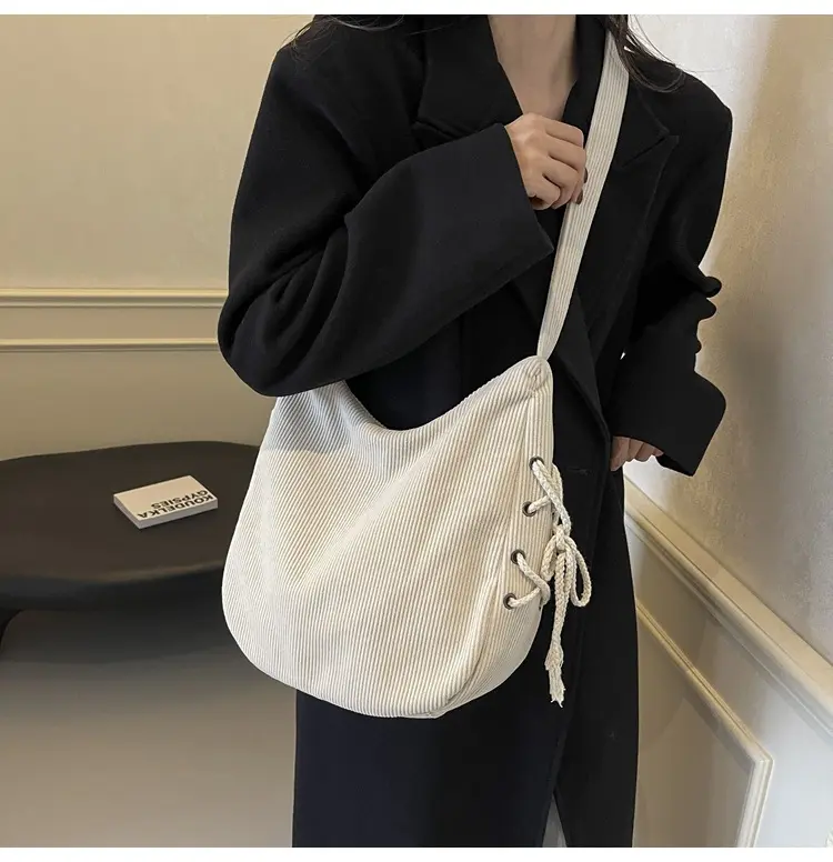 Corduroy Hobo Crossbody Bag, Side Lace-up Decor Large Capacity Casual Shoulder Bag, Adjustable Wide Strap Soft Daily Handbag, Minimalist Zipper Tote Purse for Commute School Shopping Outdoor Daily Wear