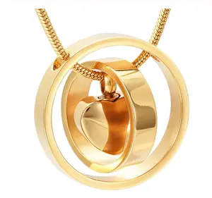 Double Gold Circles with a Heart Cremation Necklace, Ashes, Love, Gold, Memorial, Keepsake