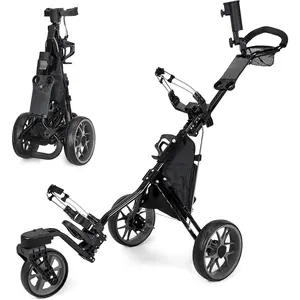 360 Golf Pull Cart: Lightweight Folding Swivel 3 Wheels Golf Caddy with Foot Brake, Cooler Bag, Drink& Umbrella Holder