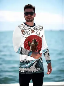 Men's Long Sleeve Shirt, Japanese Ukiyo-E Design, Leaping Koi Fish & Sun Motif, Breathable Fabric, Ideal for Outdoor Casual Wear