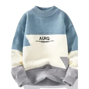 Single piece autumn and winter semi-high neck knitted base shirt, loose and warm sweater, men's, youth, fleece-lined, thick-woven sweater