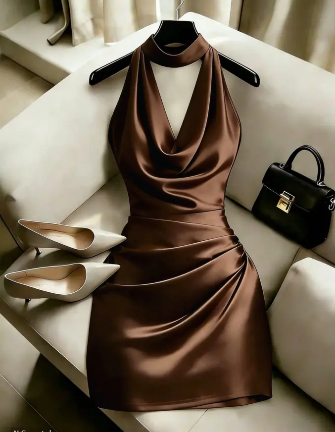 Elegant New Fashion Brown Draped Neck Dress, With Draped Neckline, Waist Pleats For Slim Fit, Sexy, Elegant, Fashionable, Brown Bodycon Mini Dress