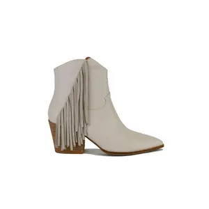 LEO-17-PU Western Style Ankle Boots with Fringe Detail and  Inch Block Heel - Casual Faux Leather Pointed Toe Booties in White