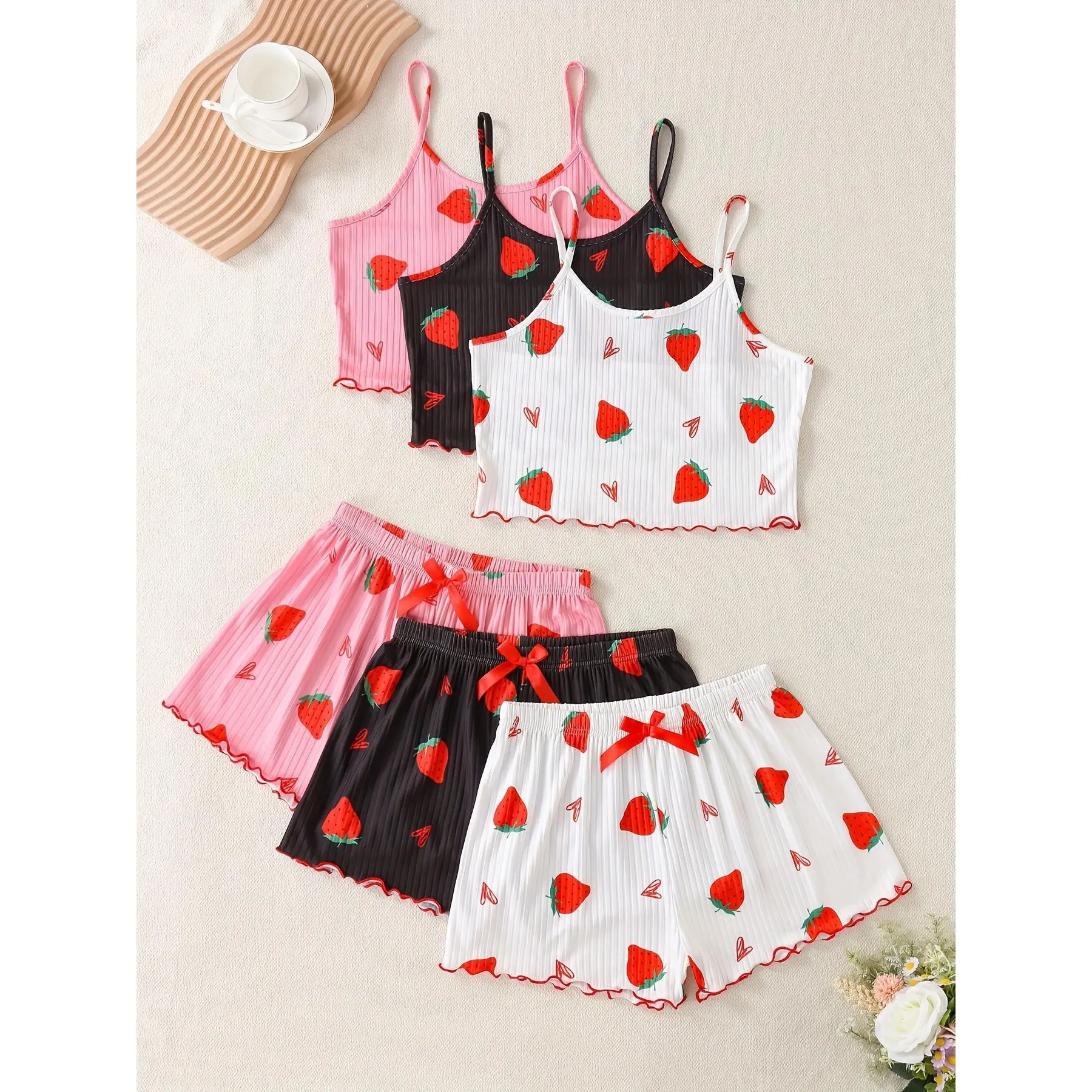Cute and Sexy Pajama Set, Women's Strawberry Print Ribbed Nightwear, 2-Piece Frilly Halter Top and Shorts Loungewear, Lingerie, Pj Sets For Women