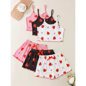 1pcs Women's Strawberry Printed Sexy Ribbed Frilly Pajamas Set, Round Neck Halter Vest And Shorts, Comfortable And Loose, Summer Pajamas
